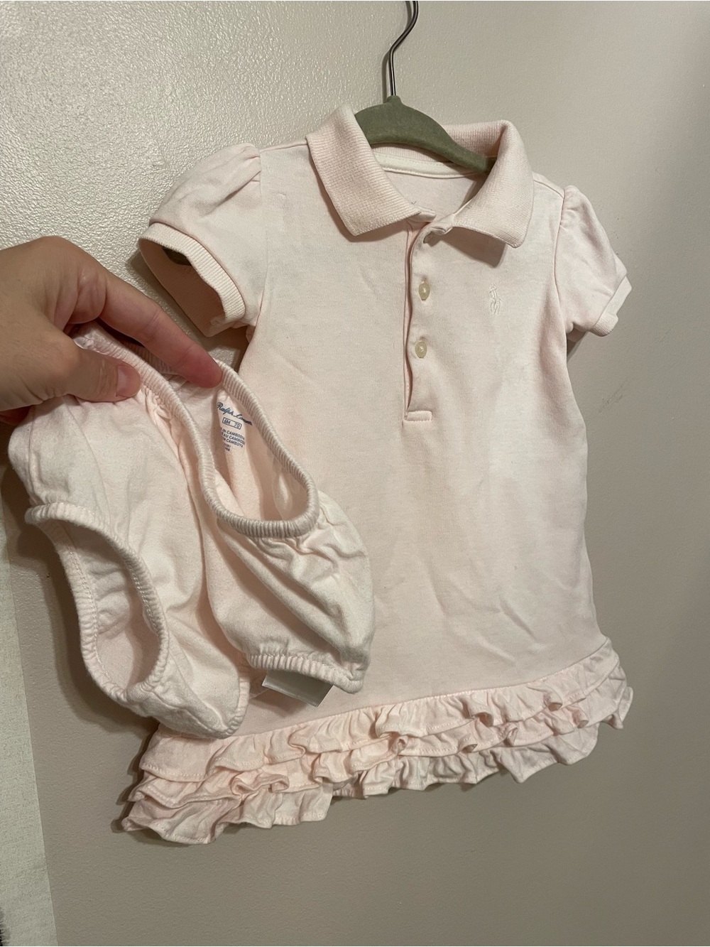 Ralph Lauren Pale Pink Polo Dress with Ruffle Hem and Matching Bloomers